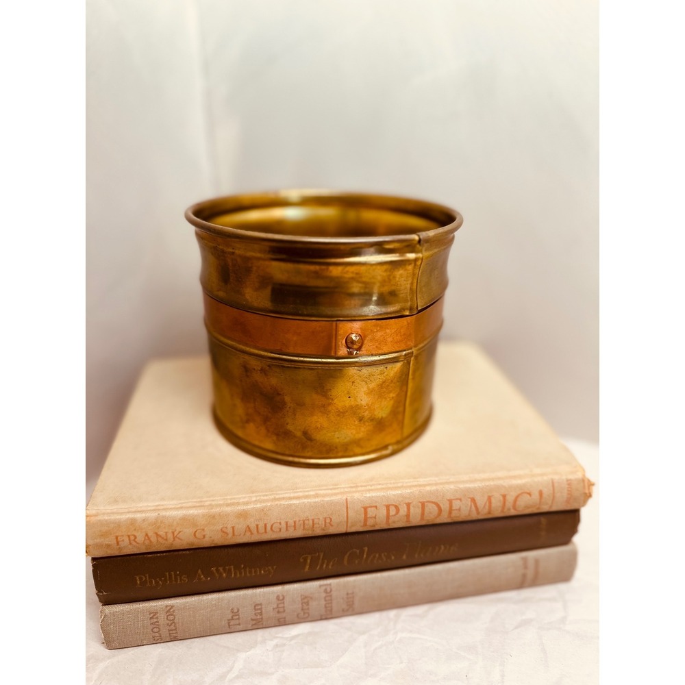 Vintage Brass and Copper Planter Small Two Tone Metal Bucket Decorative Pot - Picture 2 of 7